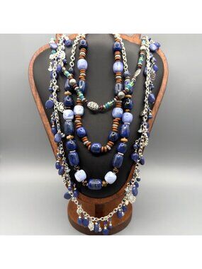 Chaps Ralph Lauren Silver Tone Blue Green Long Beaded Dangle Chain Necklace Set